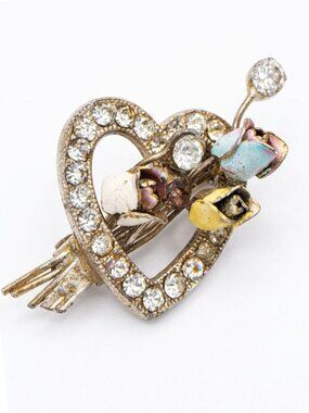 Vintage Mid-Century Rhinestone Enamel Rose Bouquet Heart Brooch Pin Grannycore